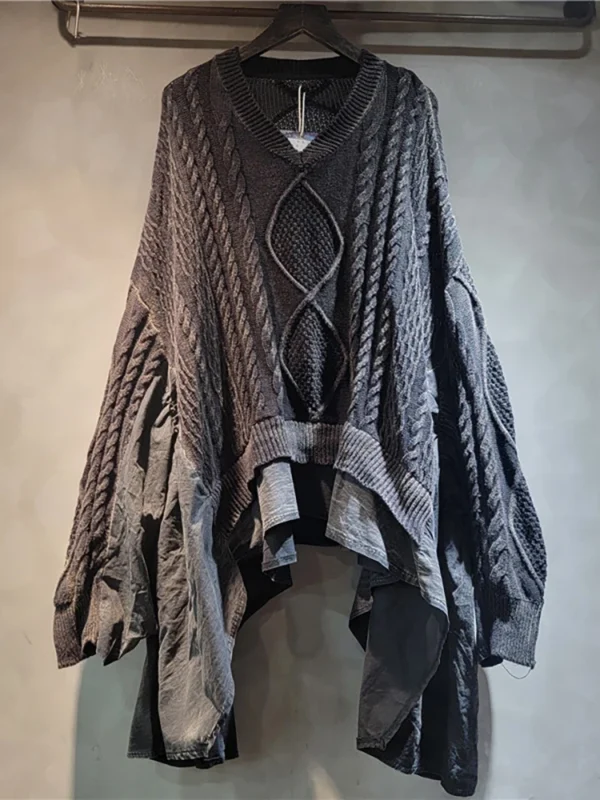 DEAT Women's Pullover Batwing Sleeve Knitted Loose Patchwork Ruffles Edge Retro V-neck Do Old Sweaters 2025 New Fashion 33A1448 - Image 3