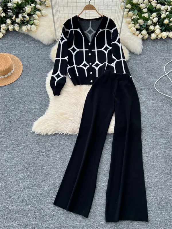 SINGREINY Basics Print Knit Two Pieces Sets Autumn Winter Single Breasted Cardigan+Wide Leg Long Pants Fashion Streetwear Suits - Image 2