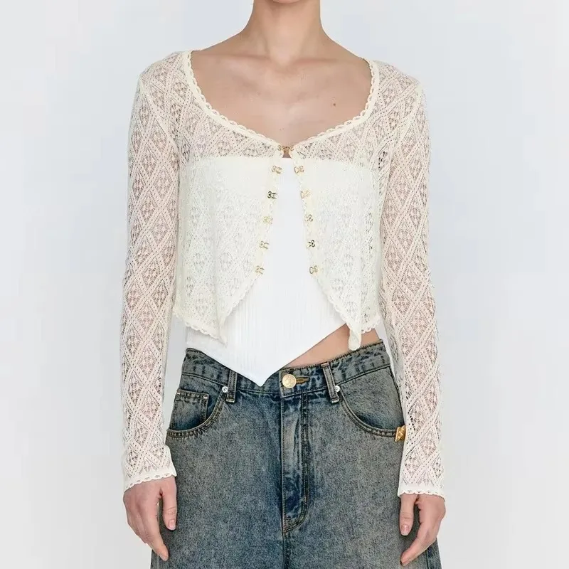 LUXURY Long Sleeve Hollow Out Knit Top, Korean Niche, Thin, Single Breasted, High Quality, Spring, Summer, Brand New, 2025 - Image 5