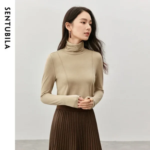 SENTUBILA Slim Fit Cotton Knitted Pullovers 2024 Winter New Casual High Collar Long Sleeve Comfort Solid Women Tops 144S57342 - Image 5