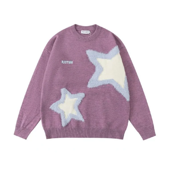 Retro Harajuku Star Flocked Couple Sweater Oversized Pullover Long Sleeved Thickened Mens Womens Loose Versatile Casual Sweaters - Image 2