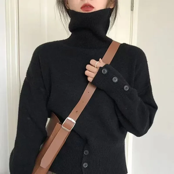 Women Autumn Knitted Turtleneck Sweater Pullovers Casual Elegant Elastic Hem Single Breasted Buttons Cuffs Pullovers Jumpers Top - Image 3