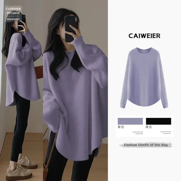 Women's Korean Fashion Simple Chic Oversized Knitted Sweater Solid O Neck Long Sleeve Pullover Tops Streetwear Irregular Jumpers - Image 5