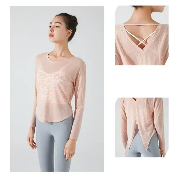 Stown Sportswear Woman Gym 2022 New See-through Yoga Top Female Long-sleeved Fitness Pilates Blouse Loose Sports Shirts Women - Image 3