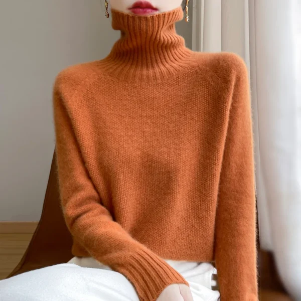 New seamless integration in autumn and winter 100% merino wool sweater women's high lapel loose slim warm knit bottoming sweater - Image 2