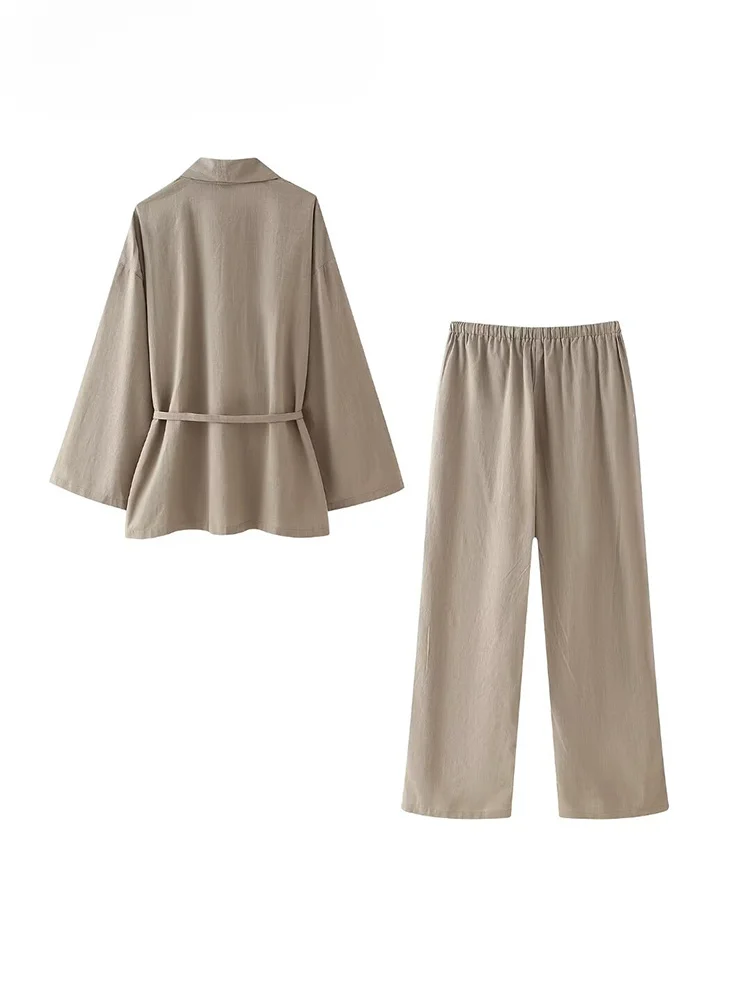 TRAF 2024 Fashion Women's Pants Suit Solid Khaki Drawstring Long Sleeve Cardgian Blouse+ Elastic Waist Wide Leg Pants Streetwear - Image 4