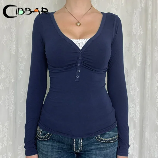 CIBBAR Patchwork Fake Two-piece T-shirt Vintage Stitched Button Crop Top Women Y2k Full Sleeve T Shirts 2000s Aesthetic Fall Top