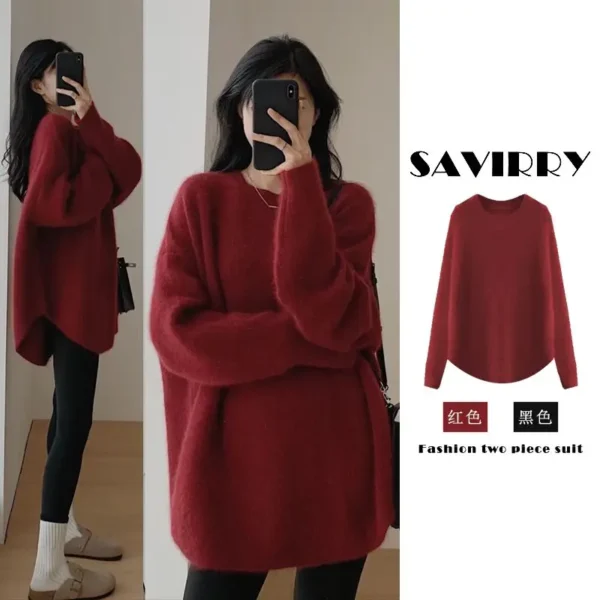 Women's Korean Fashion Simple Chic Oversized Knitted Sweater Solid O Neck Long Sleeve Pullover Tops Streetwear Irregular Jumpers - Image 2