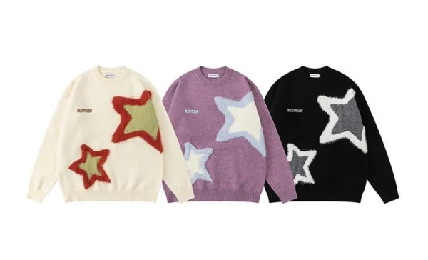 Retro Harajuku Star Flocked Couple Sweater Oversized Pullover Long Sleeved Thickened Mens Womens Loose Versatile Casual Sweaters - Image 5