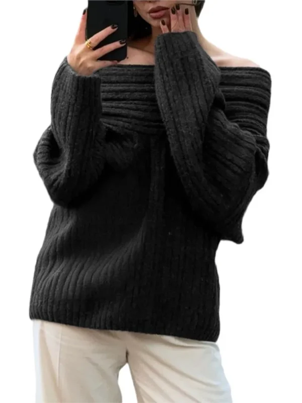 Women Sexy Solid One Neck Ribbed Sweater Fashion Off Shoulder Long Sleeve Knitted Pullover 2024 Autumn Lady Chic Street Knitwear - Image 5