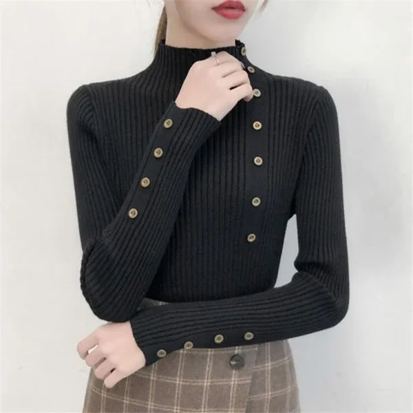 2023 Women Autumn Knitted Slim Sweaters Solid Knitted Female Cotton Soft Elastic Color Pullovers Button Full Sleeve Turtleneck - Image 2