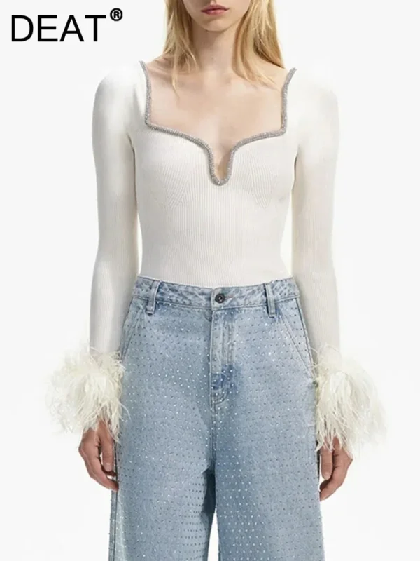 DEAT Fashion Women's Knitted Pullover Round Neck Slim Solid Color Feather Patchwork Sleeved Sweater Autumn 2025 New Tide 7AB2776