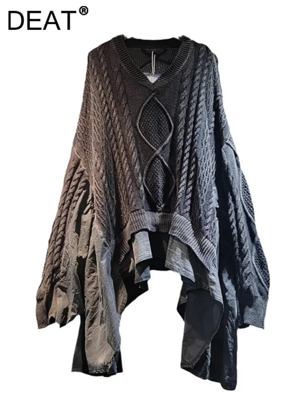 DEAT Women's Pullover Batwing Sleeve Knitted Loose Patchwork Ruffles Edge Retro V-neck Do Old Sweaters 2025 New Fashion 33A1448