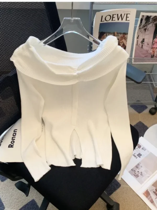 New Striped Off Shoulder Knitted Top Casual Ruched Long Sleeve Split Sweater For Spring & Fall, Women's Clothing - Image 2