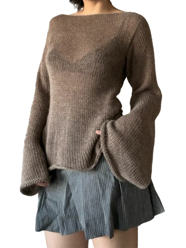 Y2K Tie Back Sweaters Women Long Sleeve Boat Neck Solid Color Knitted Pullover Casual Crochet Tops 2023 Fall New - Image 5