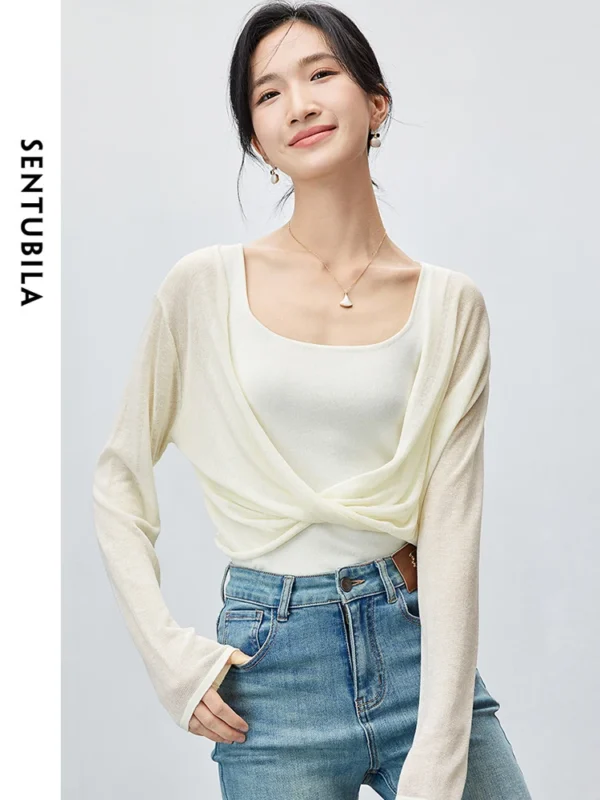 SENTUBILA Casual Cropped V-neck Knitted Pullovers 2024 Summer Fashion Loose Thin Soft Long Sleeve Top Woman Clothing W42H55450
