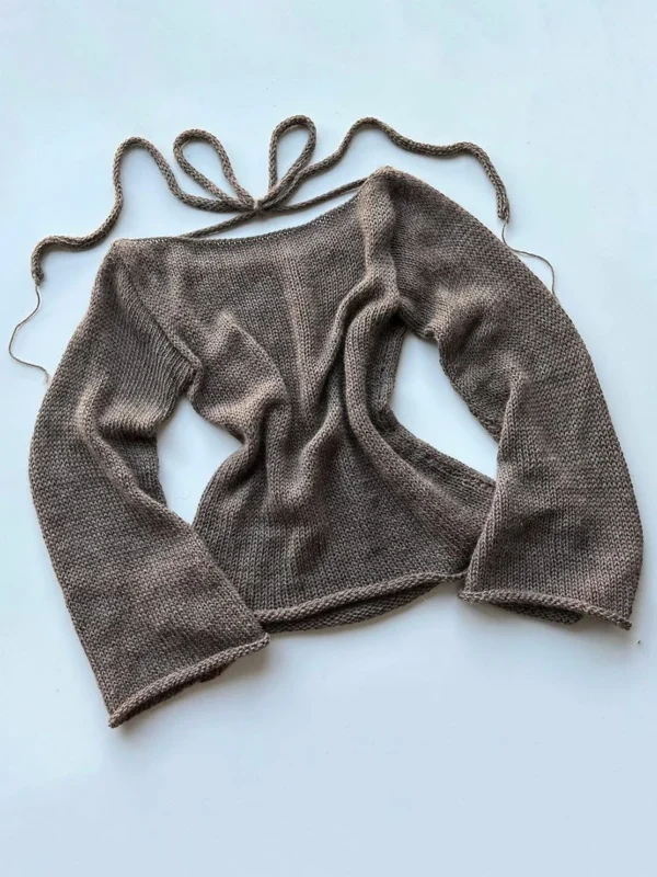 Y2K Tie Back Sweaters Women Long Sleeve Boat Neck Solid Color Knitted Pullover Casual Crochet Tops 2023 Fall New - Image 6