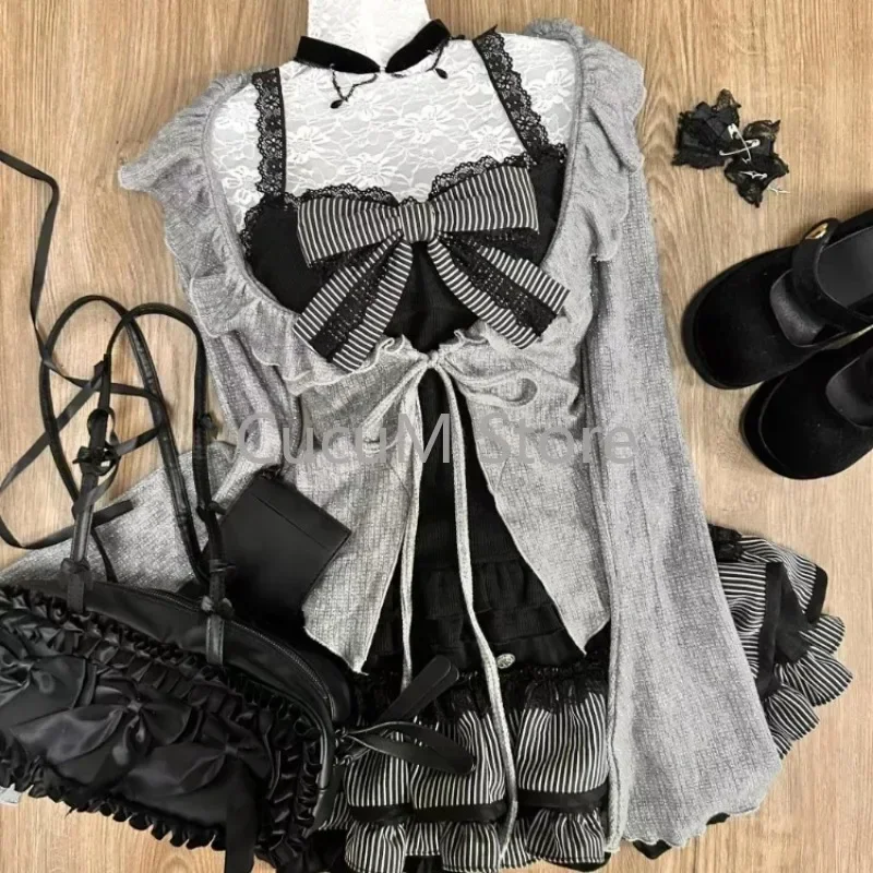 Sweet Lolita Lace Up Ruffles Cardigan+ Sexy Slim Fit Strapless Vest Tops+ High Waist Ruched Skirts Early Autumn Three Piece Sets - Image 2