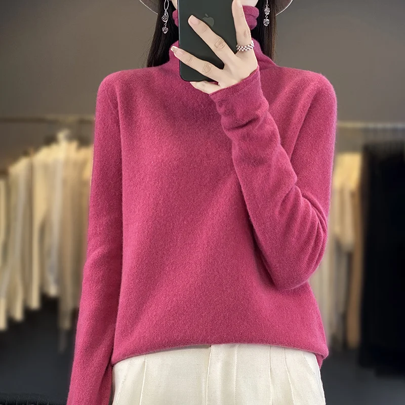 100% pure wool female turtle neck new solid color high-end loose Joker knit pullover - Image 5