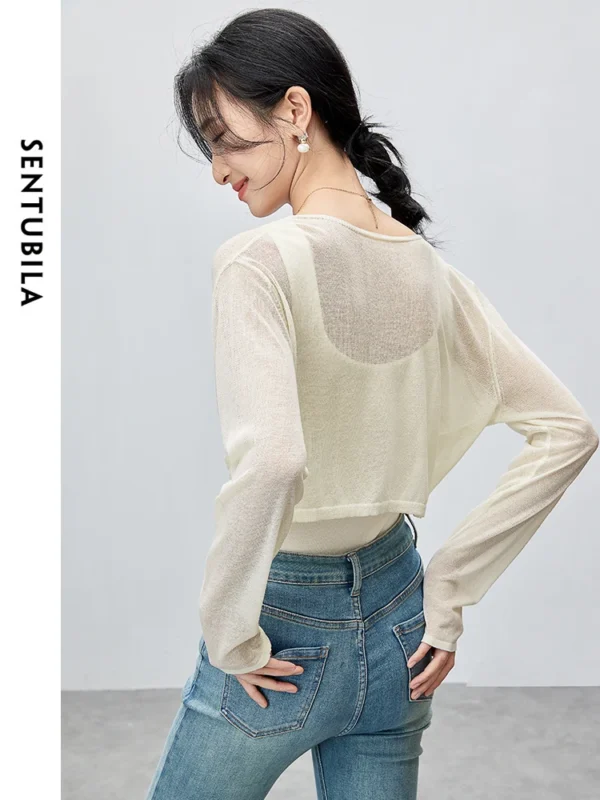 SENTUBILA Casual Cropped V-neck Knitted Pullovers 2024 Summer Fashion Loose Thin Soft Long Sleeve Top Woman Clothing W42H55450 - Image 2
