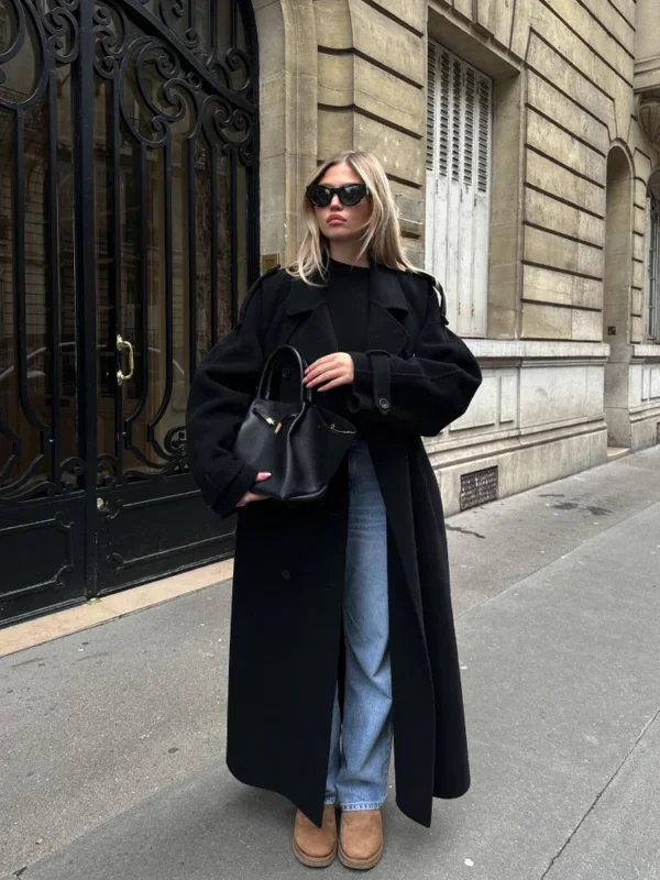 Elegant With Belt Black Long Coat For Women Oversize Woolen Double Button Lapel Overcoat Autumn New Lady High Street Outerwear - Image 2