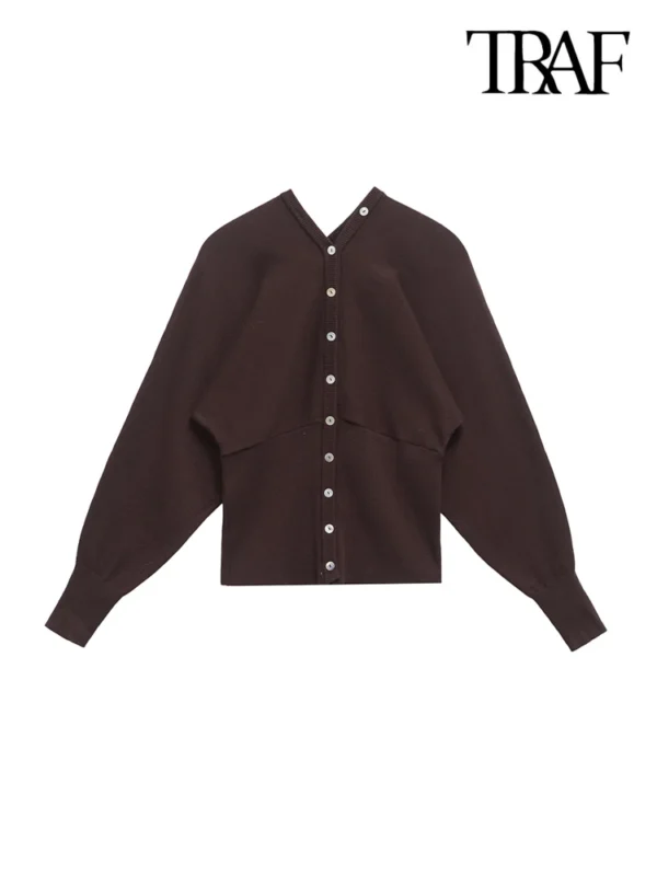 TRAF Women's Fashion Front Button V Neck Knit Cardigan Sweater Long Sleeve Fitted Hem Chic Outerwear Female Tops