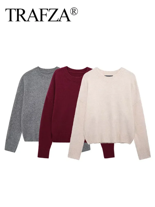 TRAFZA Autumn Winter Women Gray Pullover Sweaters Female Long Sleeve Loose Knit Jumper O-Neck Knitted Oversized Outerwear - Image 2