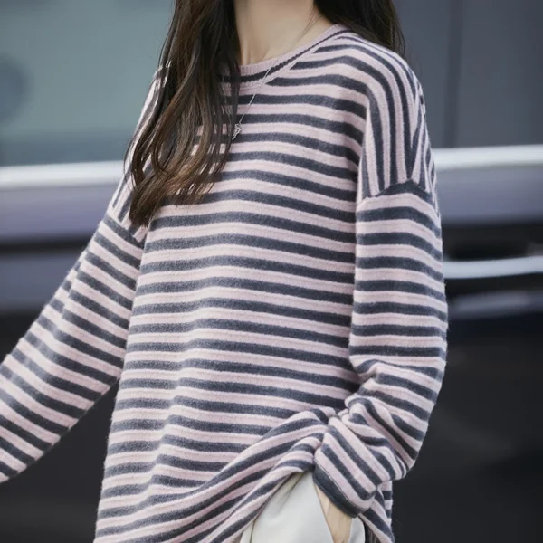 Autumn Winter New 100% Wool Sweater Women's Round Neck Striped Loose Long Sleeved Pullover Korean Fashion Knit Clothing Female - Image 5