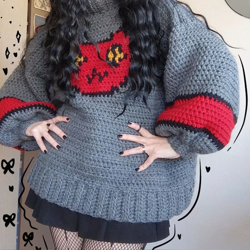 Deeptown Black Gothic Cat Women Sweater Y2k Harajuku Japanese Fashion Oversized Knit Pullovers Grunge Vintage Streetwear Autumn - Image 3