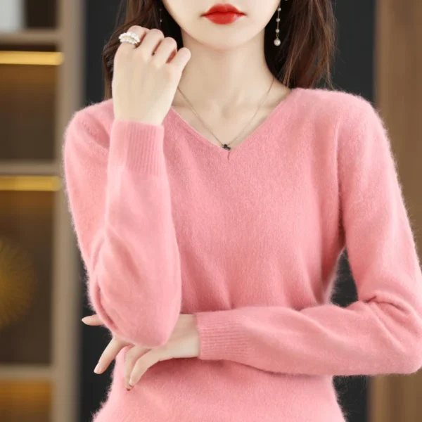 Women's Flat V-neck Mink Cashmere Sweater New Autumn/winter 2023 Knitted Loose Pullover Commuter Basic Knit Top - Image 5