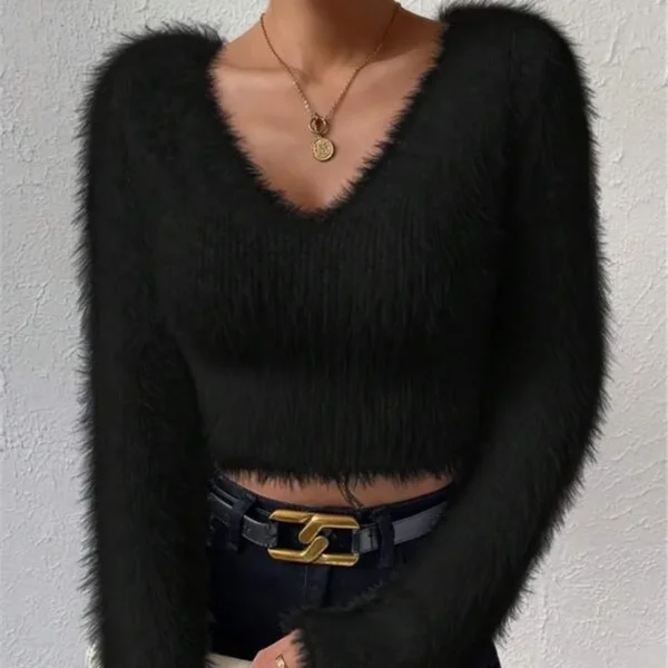 Women's Sexy V Neck Long Sleeve Slim Sweater Korean Style Solid Color Cropped Top Fall/Spring Casual Knitted Pullover - Image 4