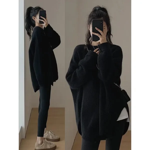 Women's Korean Fashion Simple Chic Oversized Knitted Sweater Solid O Neck Long Sleeve Pullover Tops Streetwear Irregular Jumpers - Image 6