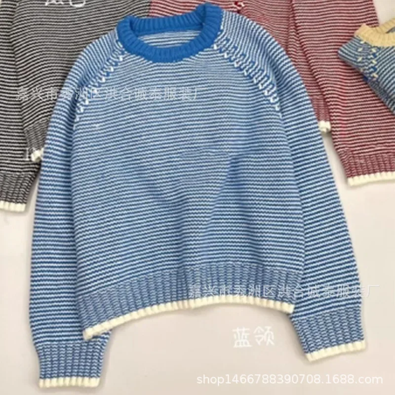Pullovers Sweaters Women Top Knitted Blue Round Neck Casual Loose Jumpers Spring Y2k Tops Elegant Striped Knit Streetwear - Image 4