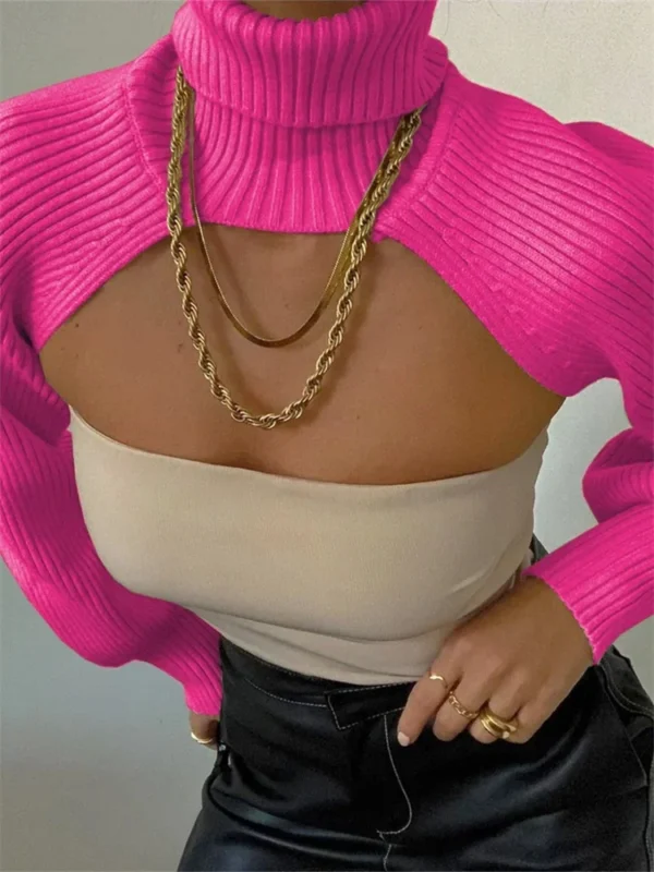 Fashion Women Extr-short Sweater Long Sleeve Mock Neck Knit Tops Fall Winter Shrug Knitwear - Image 2