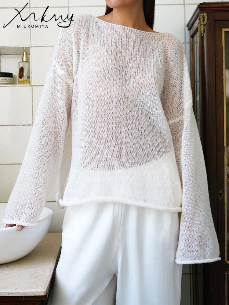 T Shirts Oversize Thin Knitted Pullovers Women Summer Trumpet Long Sleeve T Shirt For Women Loose Top Tees Transparent Sweater - Image 3