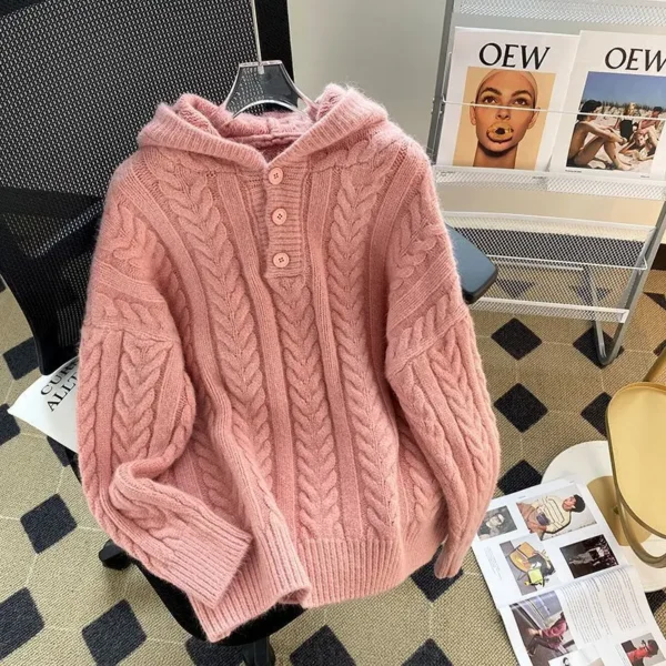 Korean Lazy Style Sweater Women's Thick Coat High-end and Gentle Style Soft and Sticky Hooded Knitted Top - Image 3