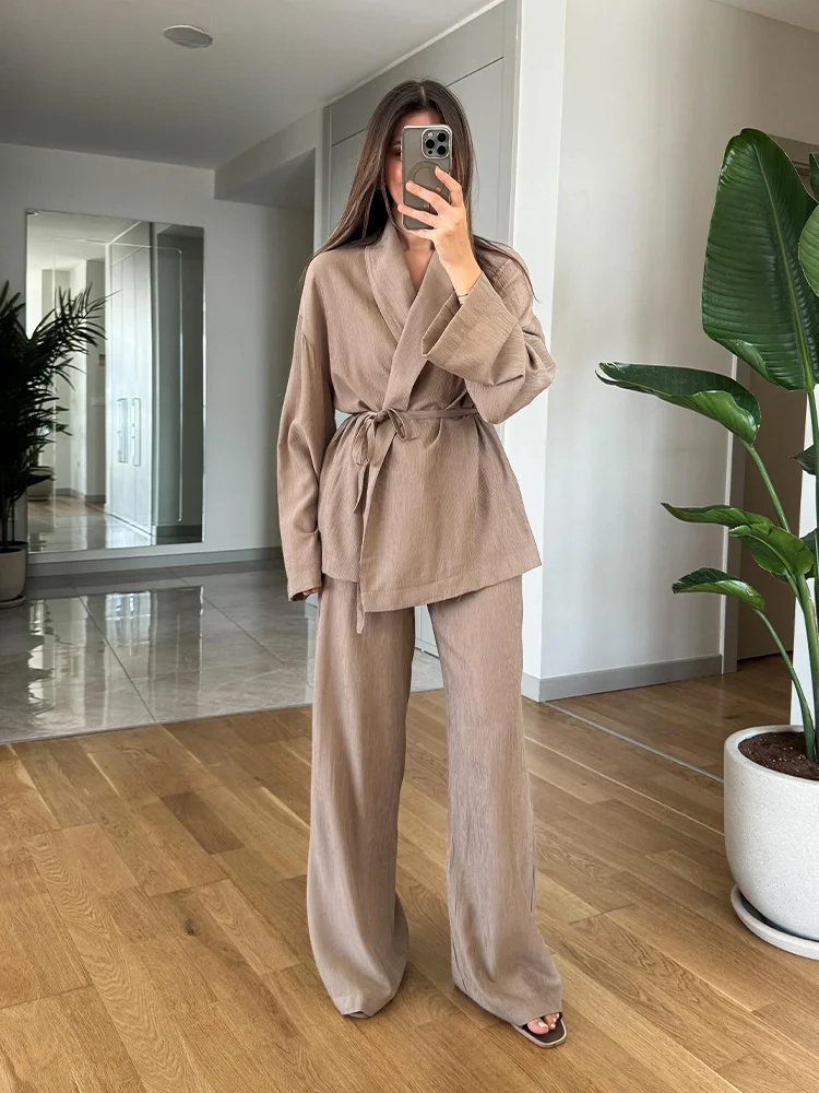 TRAF 2024 Fashion Women's Pants Suit Solid Khaki Drawstring Long Sleeve Cardgian Blouse+ Elastic Waist Wide Leg Pants Streetwear - Image 2