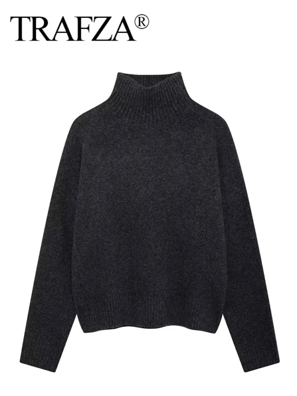 TRAFZA Women Vintage Burgundy Turtleneck Sweater Casual Long Sleeve Knitted Pullover Autumn Winter Women Solid Warm Knitwear - Image 2