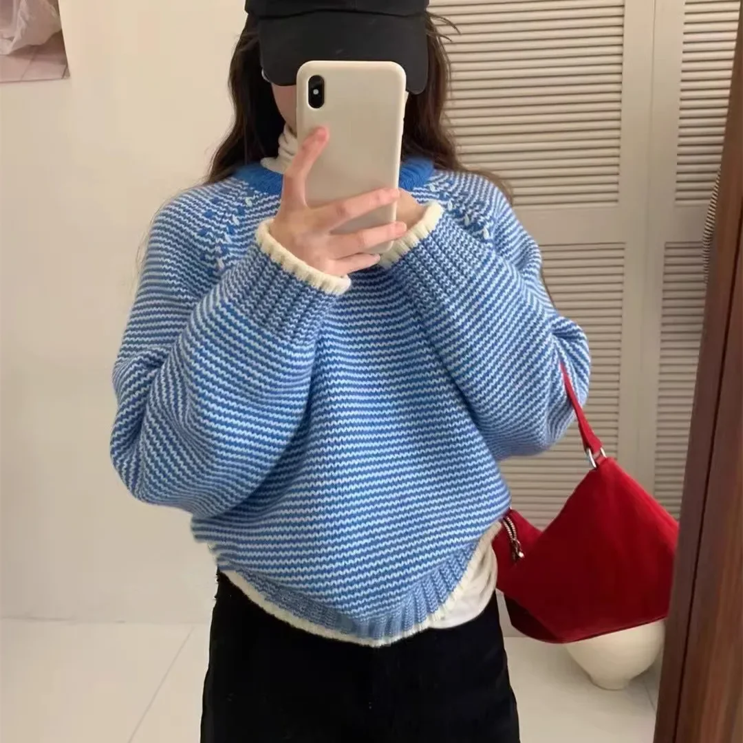 Pullovers Sweaters Women Top Knitted Blue Round Neck Casual Loose Jumpers Spring Y2k Tops Elegant Striped Knit Streetwear - Image 2