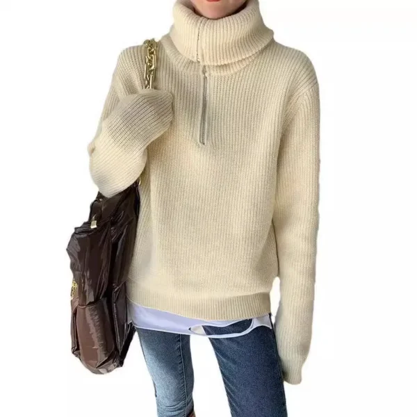 Women Knit Sweaters Zipper Spliced Pullovers Full Sleeve Casual Jumpers Elegant Lady Thick Outwear Regular Autumn Winter - Image 5