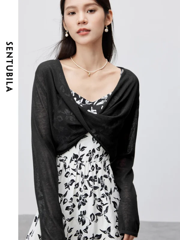 SENTUBILA Casual Cropped V-neck Knitted Pullovers 2024 Summer Fashion Loose Thin Soft Long Sleeve Top Woman Clothing W42H55450 - Image 6