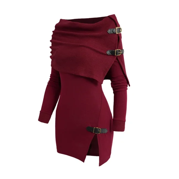 Dressfo 2024 Womens Open Shoulder Knit Foldover Top Long Sleeve Buckle Strap Solid Color Tops Fall Winter Tops - Image 2