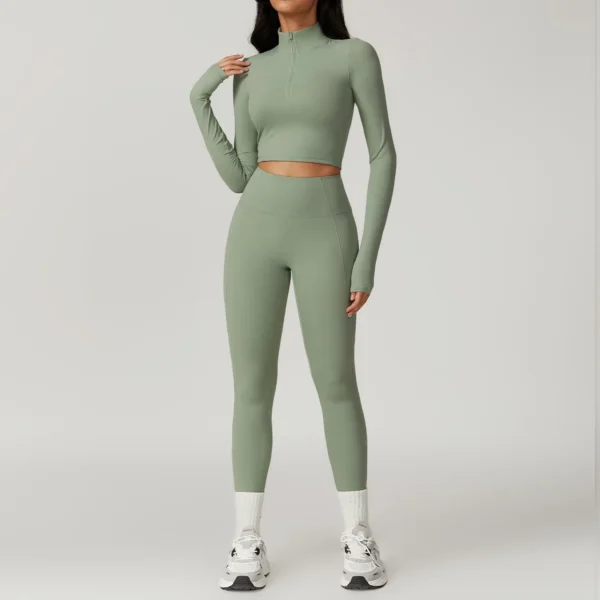 2 Pieces Women Yoga Set Zipper Long Sleeve Crop Top High Waist Leggings Sports Suits Workout Sportswear Gym Clothing Fitness - Image 5