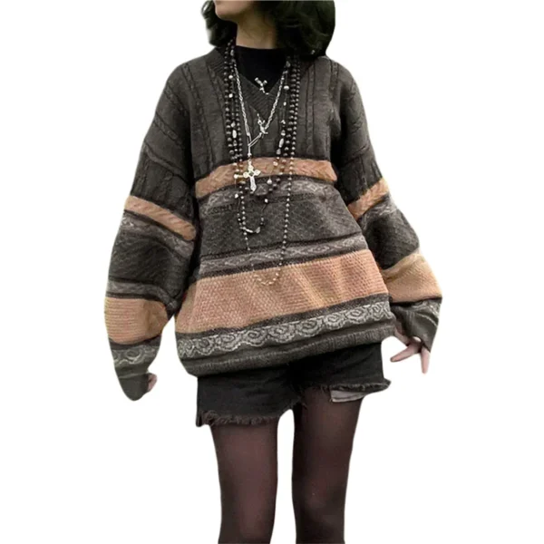 Lamuusaa y2k Sweater Women Aesthetic Tops Grunge Striped V Neck Long Sleeve Oversized Knitted Pullover 2000s Streetwear - Image 2