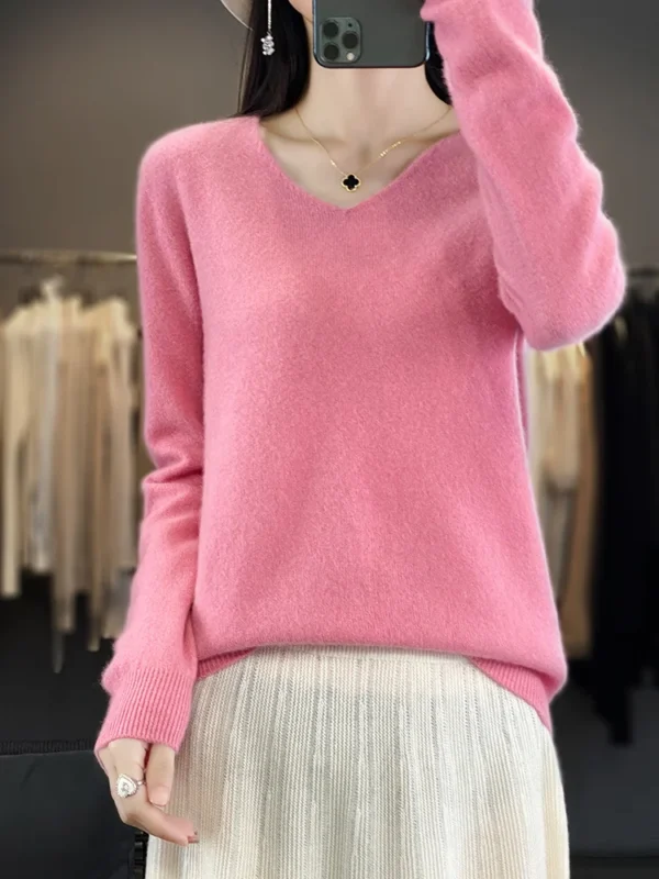 Women New 100% Merino Wool Sweater V-neck Pullover Autumn Winter Casual Knit Tops Solid Color Regular Female Cashmere Clothing