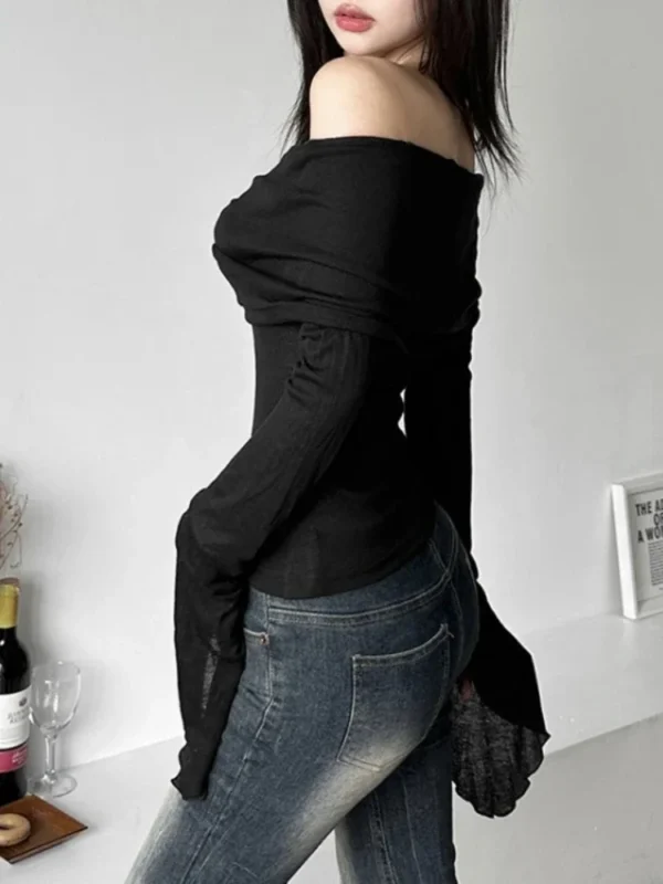 Y2k Aesthetic Women Translucence Tee Shirts Slash Neck Long Sleeve Solid Casual T-Shirts Vintage Off Shoulder Sexy Cute Tshirts - Image 2