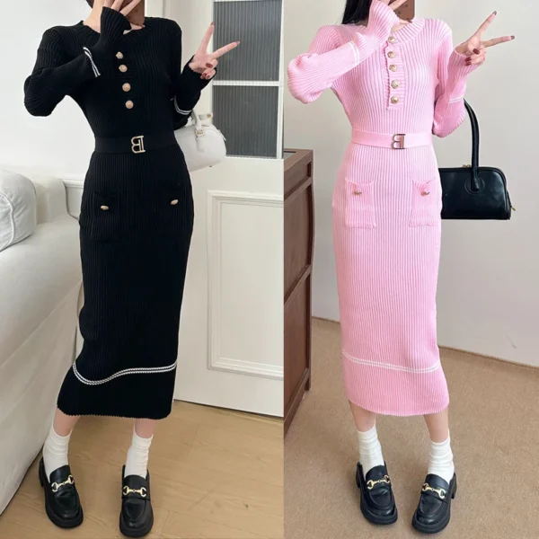 YuooMuoo 2024 Autumn Winter Women Knitted Dress Brand Fashion O-neck Buttons Bodycon Sweater Dress with Belt Lady Office Dress - Image 2