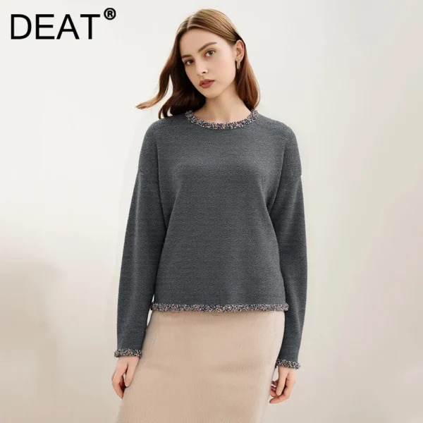 DEAT Fashion Spliced Sequined Sweater Women's Round Neck Loose Long Sleeves Short Knitted Pullovers New CPG2770