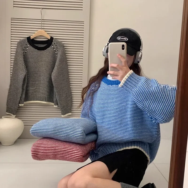 Pullovers Sweaters Women Top Knitted Blue Round Neck Casual Loose Jumpers Spring Y2k Tops Elegant Striped Knit Streetwear - Image 3