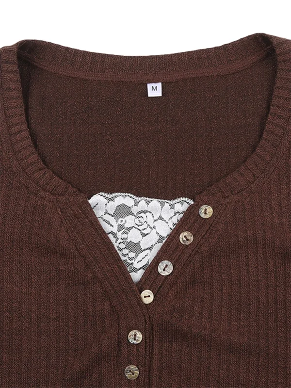 Women Button Front Knit Tops Long Sleeve Lace Patchwork Slim Fit Sweater Fall Fairy Grunge Gothic Y2K Clothes - Image 6